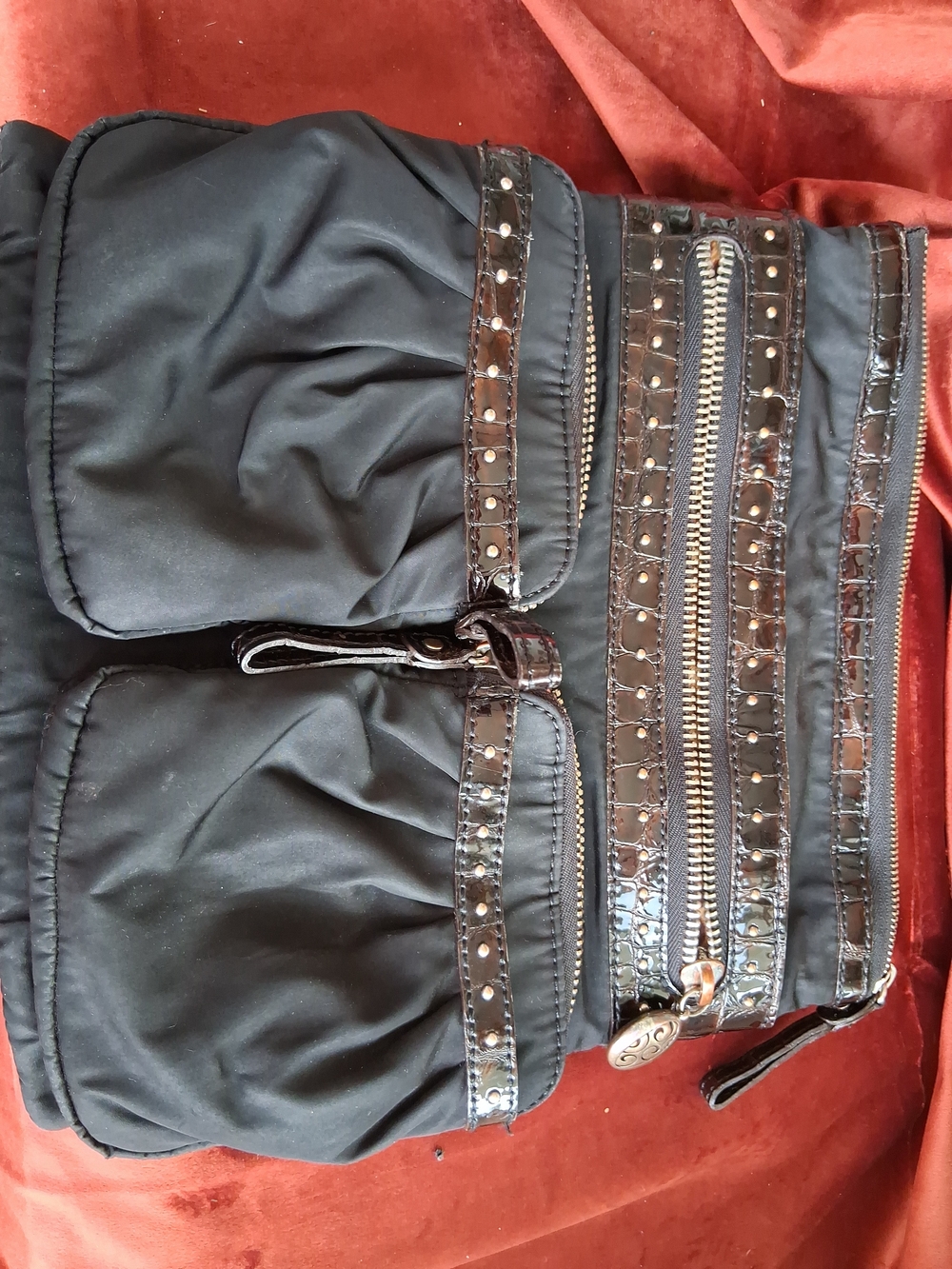 Brighton Black Crossbody Bag with Croc-Trim and Stud Accents